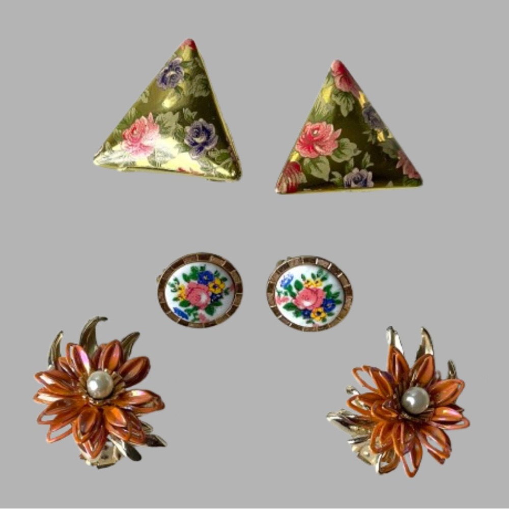 Lot: romantic spring floral clip-on earrings assortment goldtone unmarked